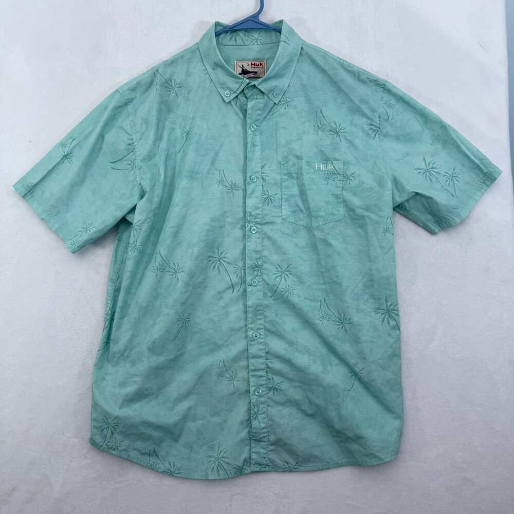 Huk Fishing Shirt Mens L Blue Palm Trees Graphic Pocket Outdoor Button Down